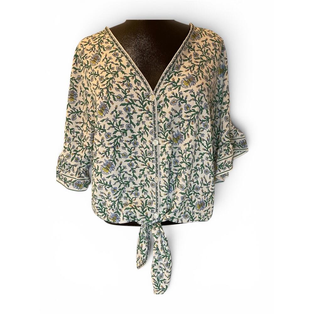 Max Studio Feminine Floral V-Neck Button Front Tie Hem Ruffle Sleeve Blouse S - Picture 3 of 10